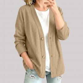 Spring Autumn Cotton Linen Casual Cardigan Long Sleeved