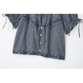 Women Clothing Summer Vintage Bow Embroidery Loose Short Sleeve Shirt