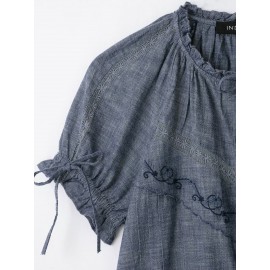 Women Clothing Summer Vintage Bow Embroidery Loose Short Sleeve Shirt