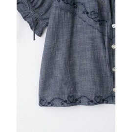 Women Clothing Summer Vintage Bow Embroidery Loose Short Sleeve Shirt