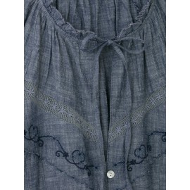 Women Clothing Summer Vintage Bow Embroidery Loose Short Sleeve Shirt