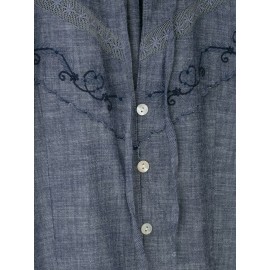 Women Clothing Summer Vintage Bow Embroidery Loose Short Sleeve Shirt