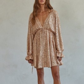 Lace up V neck Sequin Dress Sexy Drape Dress Women Summer