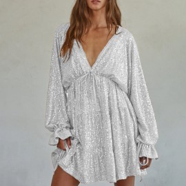 Lace up V neck Sequin Dress Sexy Drape Dress Women Summer