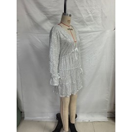 Lace up V neck Sequin Dress Sexy Drape Dress Women Summer