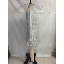 Lace up V neck Sequin Dress Sexy Drape Dress Women Summer