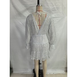 Lace up V neck Sequin Dress Sexy Drape Dress Women Summer