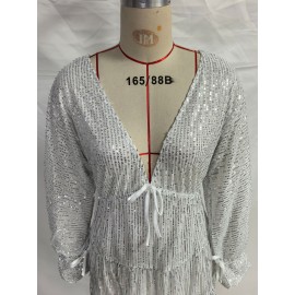 Lace up V neck Sequin Dress Sexy Drape Dress Women Summer