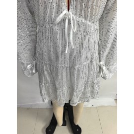 Lace up V neck Sequin Dress Sexy Drape Dress Women Summer