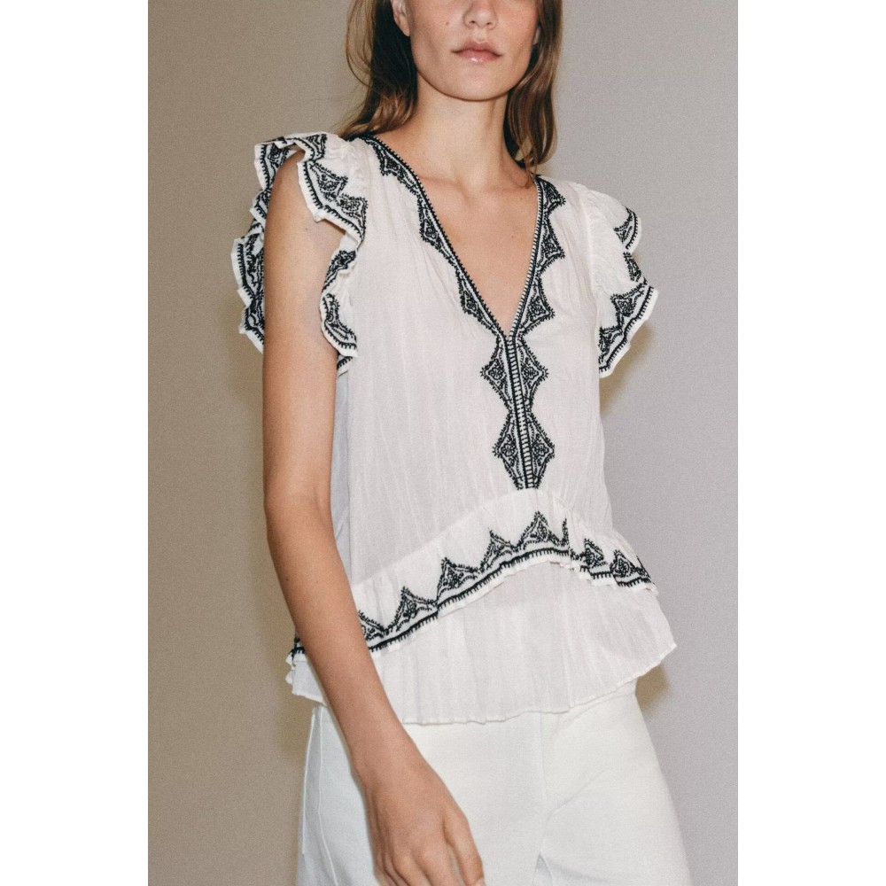 Women Clothing Summer Fashionable Elegant Contrast Color Embroidered Top