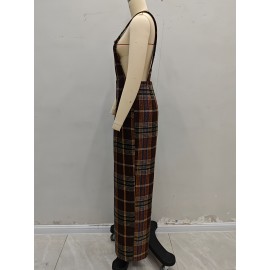 Fall Winter Classic Plaid Contrast Color Overalls High Waist Loose Wide Legs Trousers