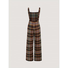 Fall Winter Classic Plaid Contrast Color Overalls High Waist Loose Wide Legs Trousers