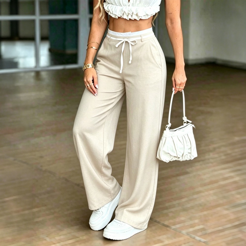 Women Clothing Summer Minimal Art Casual Drawstring High Waist Linen like Draping