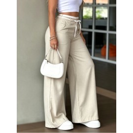 Women Clothing Summer Minimal Art Casual Drawstring High Waist Linen like Draping