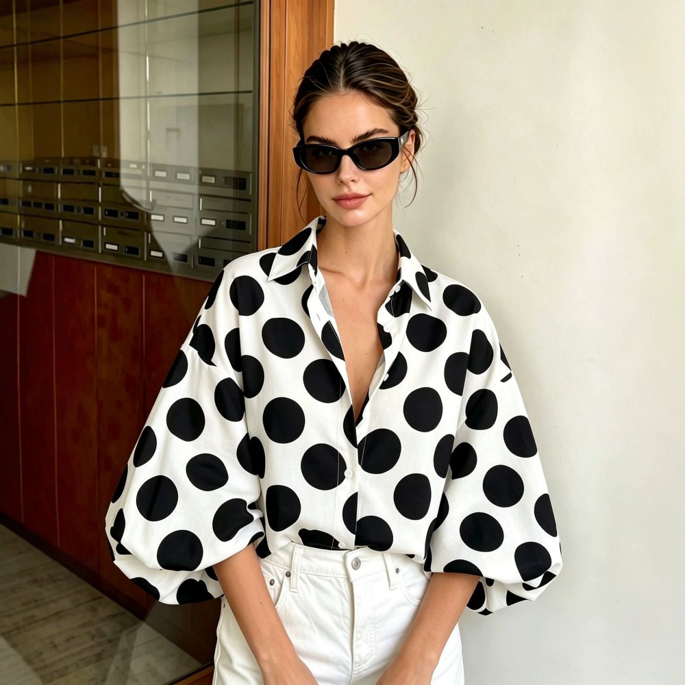 Eaby Refined Stylish Polka Dot Large Sleeves Shirt