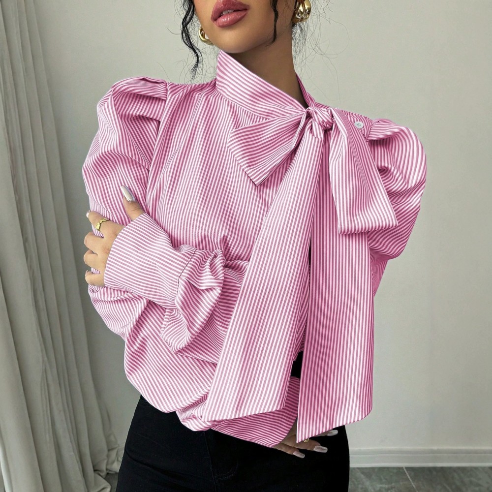 French Vertical Striped Bubble Stand up Collar Bowknot Large Ribbon Lace up Shirt