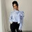 French Vertical Striped Bubble Stand up Collar Bowknot Large Ribbon Lace up Shirt