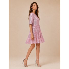 Sequined Short Sleeve A line Dress Cocktail Women Short Dress
