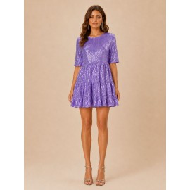 Sequined Short Sleeve A line Dress Cocktail Women Short Dress