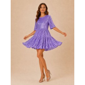 Sequined Short Sleeve A line Dress Cocktail Women Short Dress
