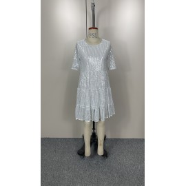 Sequined Short Sleeve A line Dress Cocktail Women Short Dress