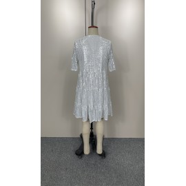 Sequined Short Sleeve A line Dress Cocktail Women Short Dress