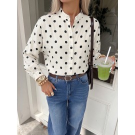 Vintage Loose Collared Polka Dot Long Sleeve Shirt Women