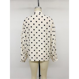 Vintage Loose Collared Polka Dot Long Sleeve Shirt Women