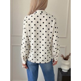 Vintage Loose Collared Polka Dot Long Sleeve Shirt Women