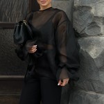 Women Clothing Street Sexy See through Sun Protection Shirt Summer round Neck Bell Sleeve Top