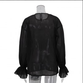 Women Clothing Street Sexy See through Sun Protection Shirt Summer round Neck Bell Sleeve Top