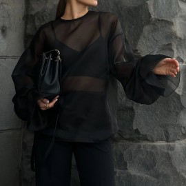 Women Clothing Street Sexy See through Sun Protection Shirt Summer round Neck Bell Sleeve Top