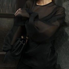 Women Clothing Street Sexy See through Sun Protection Shirt Summer round Neck Bell Sleeve Top