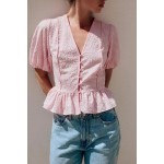 Sweet Girlish Age Reducing Plaid Puff Sleeve Shirt Waist Tight Ruffle Swing Top