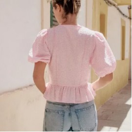 Sweet Girlish Age Reducing Plaid Puff Sleeve Shirt Waist Tight Ruffle Swing Top