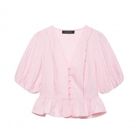 Sweet Girlish Age Reducing Plaid Puff Sleeve Shirt Waist Tight Ruffle Swing Top