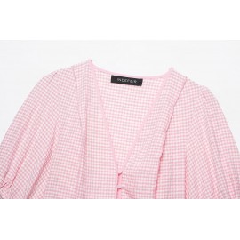 Sweet Girlish Age Reducing Plaid Puff Sleeve Shirt Waist Tight Ruffle Swing Top