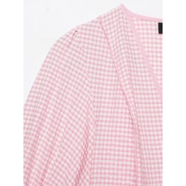 Sweet Girlish Age Reducing Plaid Puff Sleeve Shirt Waist Tight Ruffle Swing Top