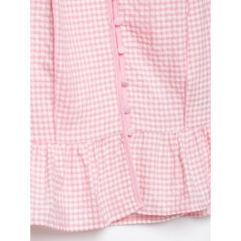 Sweet Girlish Age Reducing Plaid Puff Sleeve Shirt Waist Tight Ruffle Swing Top