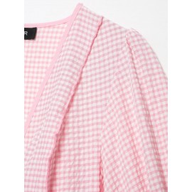 Sweet Girlish Age Reducing Plaid Puff Sleeve Shirt Waist Tight Ruffle Swing Top