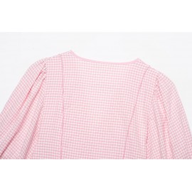Sweet Girlish Age Reducing Plaid Puff Sleeve Shirt Waist Tight Ruffle Swing Top