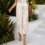 Spring Summer Women Clothing Smocking High Waist Cotton Linen Trousers Elastic Loose Elastic Casual Wide Leg Pants for Women