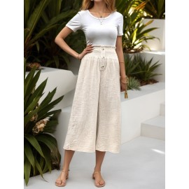 Spring Summer Women Clothing Smocking High Waist Cotton Linen Trousers Elastic Loose Elastic Casual Wide Leg Pants for Women