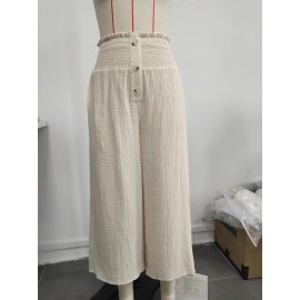 Spring Summer Women Clothing Smocking High Waist Cotton Linen Trousers Elastic Loose Elastic Casual Wide Leg Pants for Women