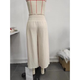 Spring Summer Women Clothing Smocking High Waist Cotton Linen Trousers Elastic Loose Elastic Casual Wide Leg Pants for Women