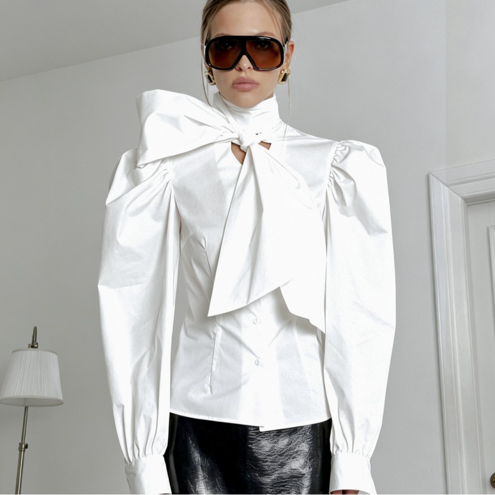 French Royal White Shirt Women Cotton Puff Sleeve Bow Lace up Waist High Grade Long Sleeve Top
