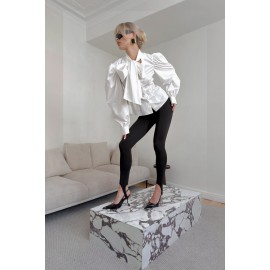 French Royal White Shirt Women Cotton Puff Sleeve Bow Lace up Waist High Grade Long Sleeve Top