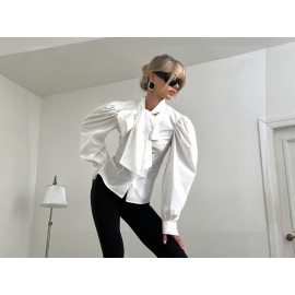 French Royal White Shirt Women Cotton Puff Sleeve Bow Lace up Waist High Grade Long Sleeve Top