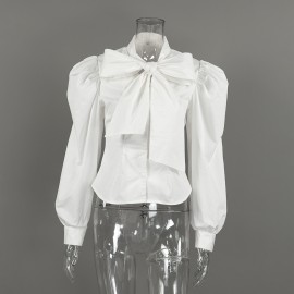 French Royal White Shirt Women Cotton Puff Sleeve Bow Lace up Waist High Grade Long Sleeve Top