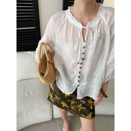 Light Oxygen Gentle 100 Ramie Stringy Selvedge Lace up Machine Embroidery Lantern Sleeve Shirt